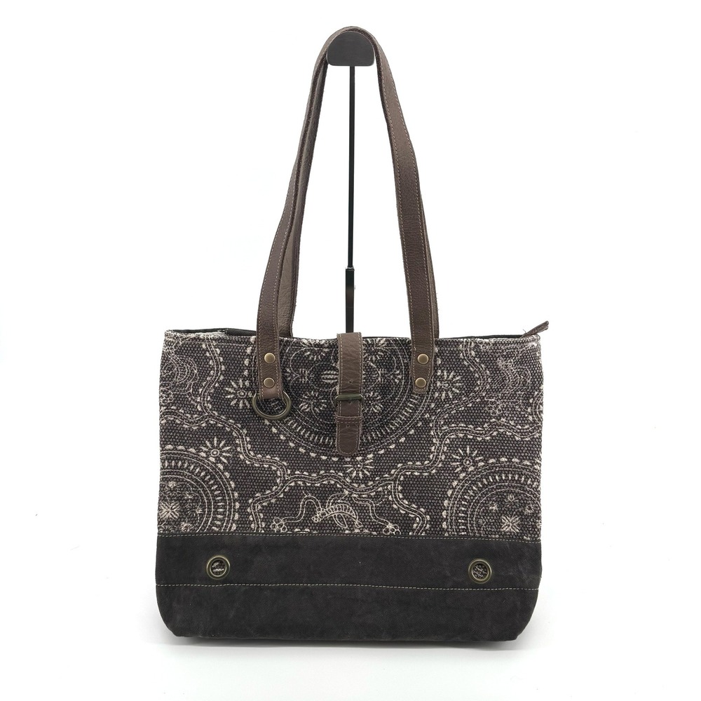 Myra Bag Tote Womens Large Brown Paisley Canvas Leather Boho Western Sustainable